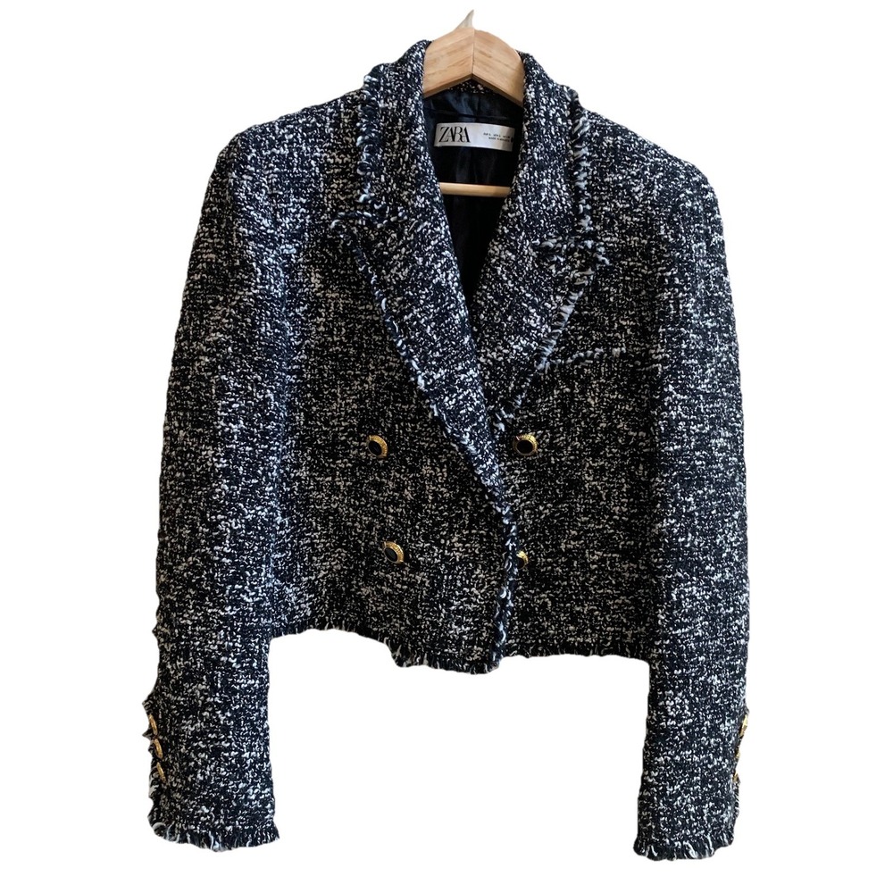 Zara Black & White Tweed Cropped Double-Breasted Blazer